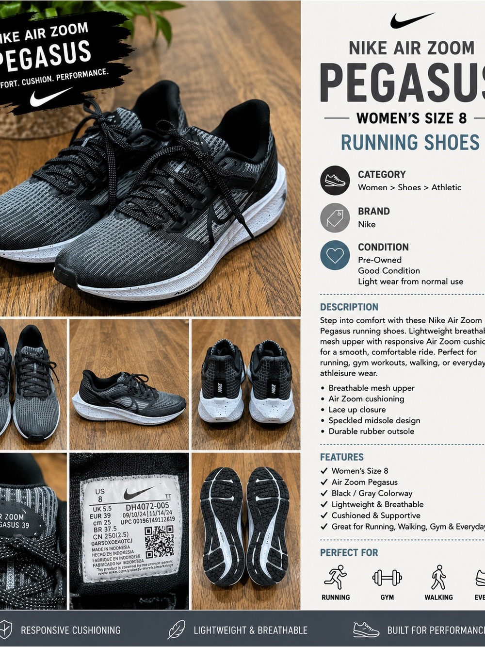 Nike Air Zoom Pegasus Women’s Size 8 Black Gray Running Shoes Sneakers